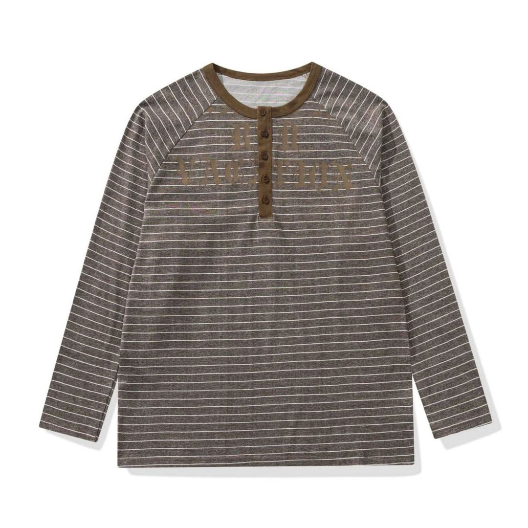 Men's Striped Raglan-Sleeve Cotton Blend Henley Shirt - Coffee Brown