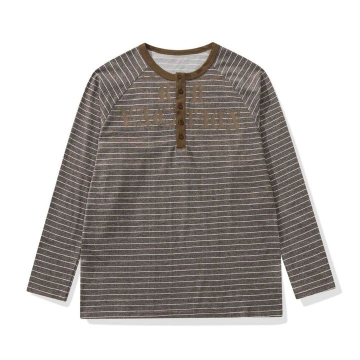 Men's Striped Raglan-Sleeve Cotton Blend Henley Shirt - Coffee Brown