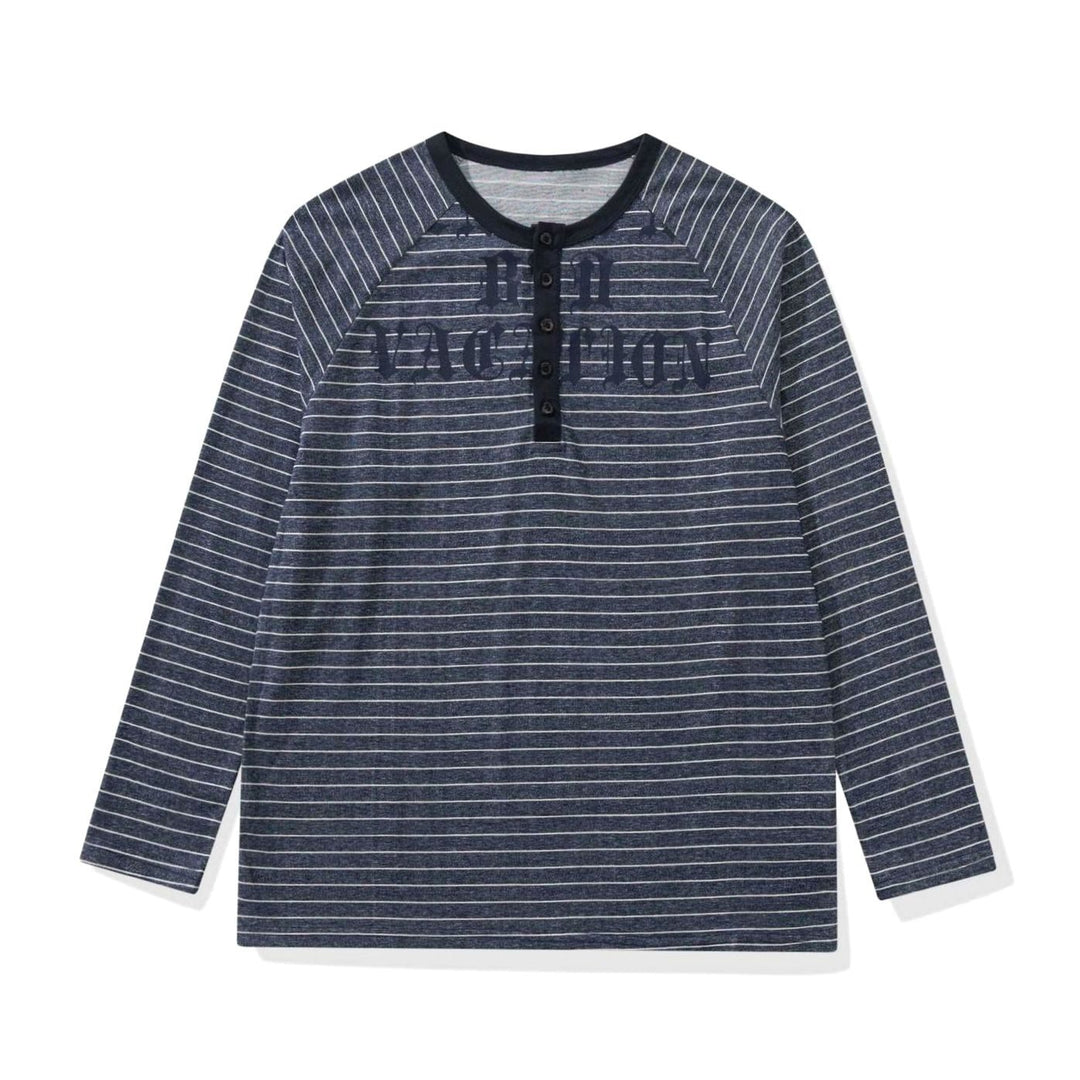 Men's Striped Raglan-Sleeve Cotton Blend Henley Shirt - Navy Blue