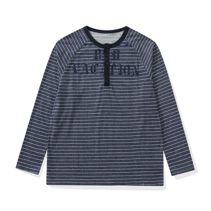 Men's Striped Raglan-Sleeve Cotton Blend Henley Shirt - Navy Blue