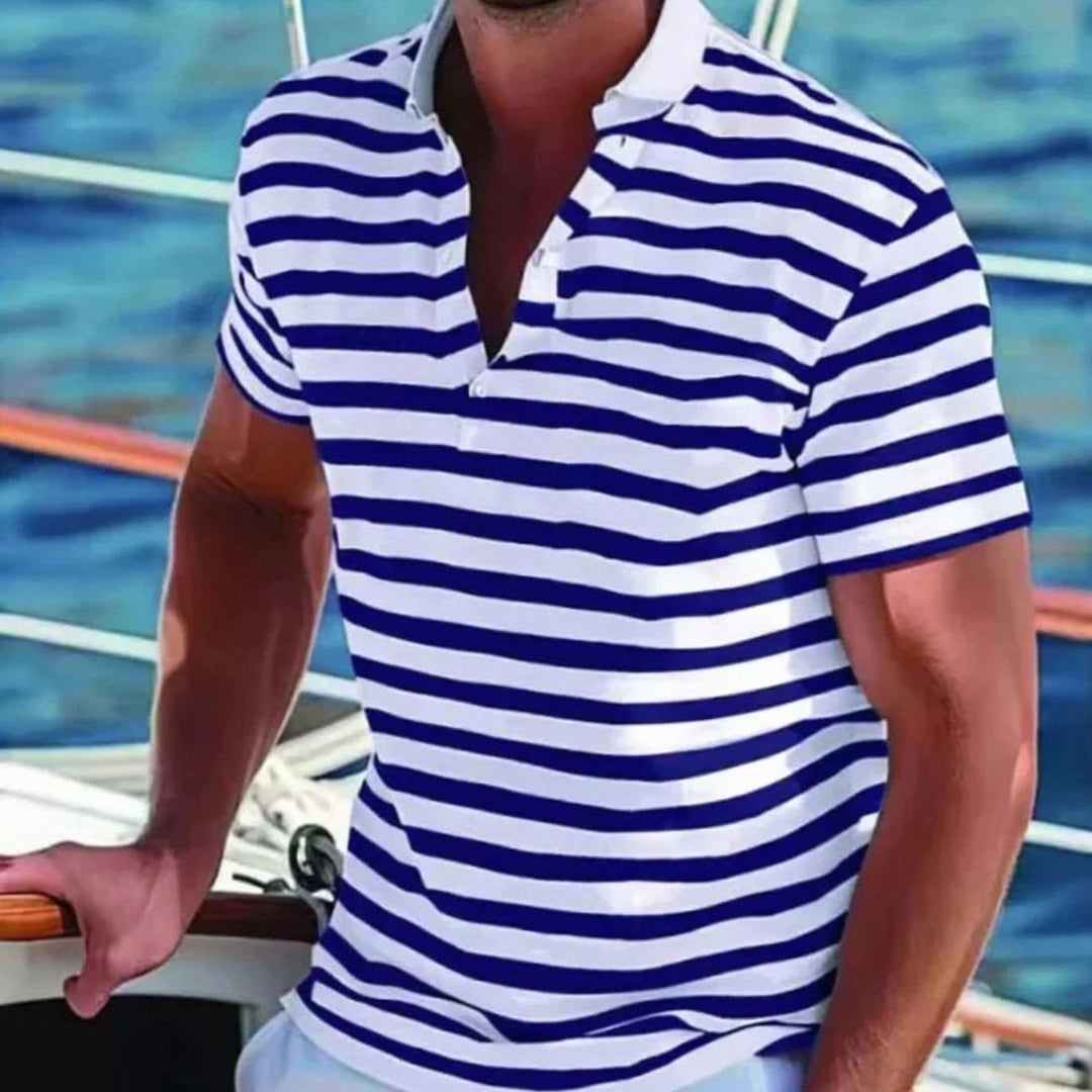 Men's Striped Short-Sleeve Casual Polo Shirt - Navy Blue