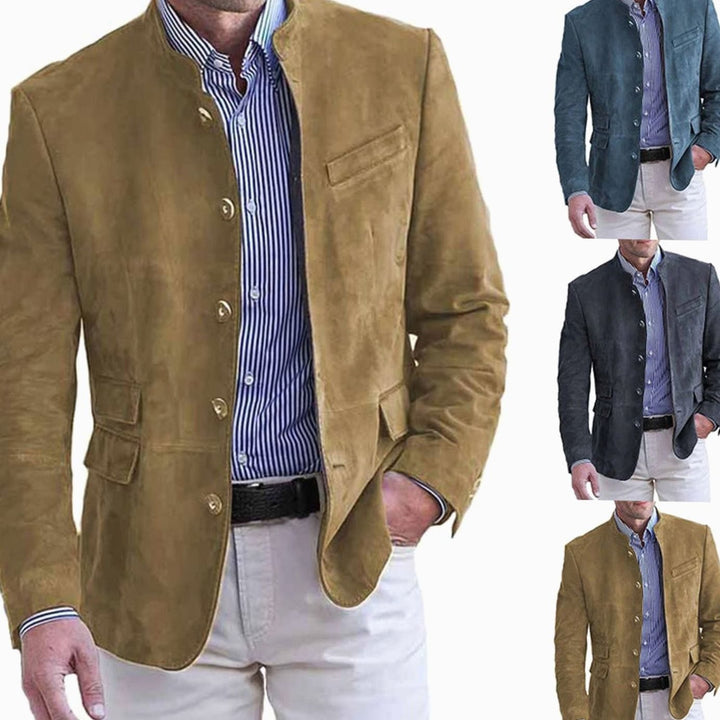Men's Suede Stand-Collar Button-Front Blazer Jacket