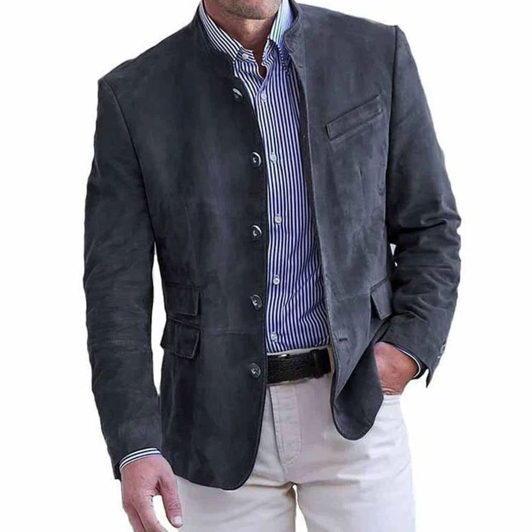 Men's Suede Stand-Collar Button-Front Blazer Jacket - Dark Gray