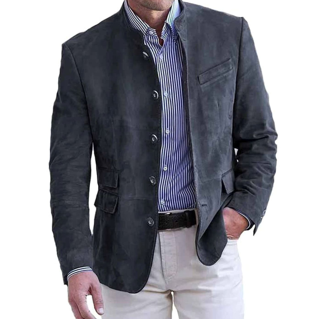Men's Suede Stand-Collar Button-Front Blazer Jacket