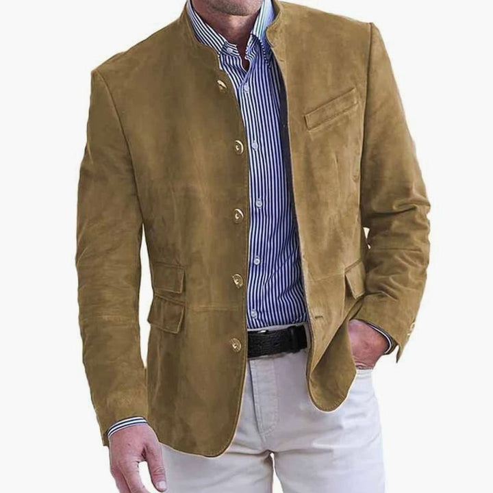 Men's Suede Stand-Collar Button-Front Blazer Jacket