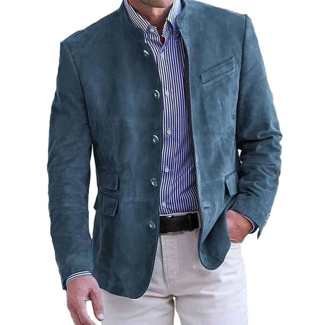 Men's Suede Stand-Collar Button-Front Blazer Jacket