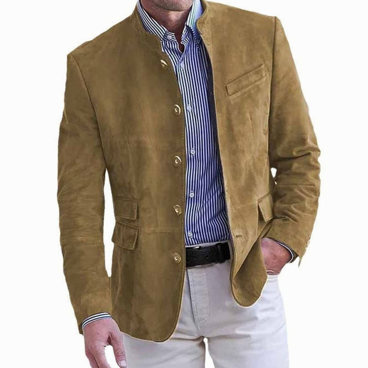 Men's Suede Stand-Collar Button-Front Blazer Jacket