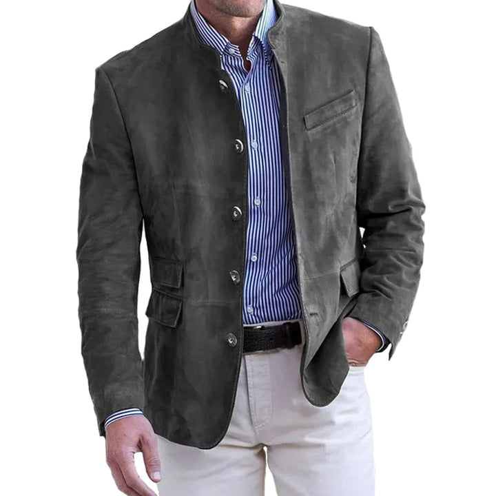 Men's Suede Stand-Collar Button-Front Blazer Jacket - Light Gray