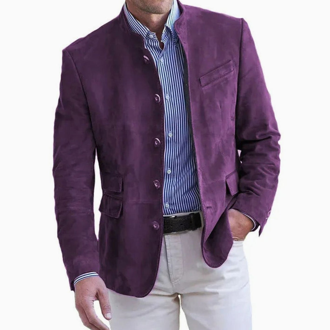Men's Suede Stand-Collar Button-Front Blazer Jacket - Violet