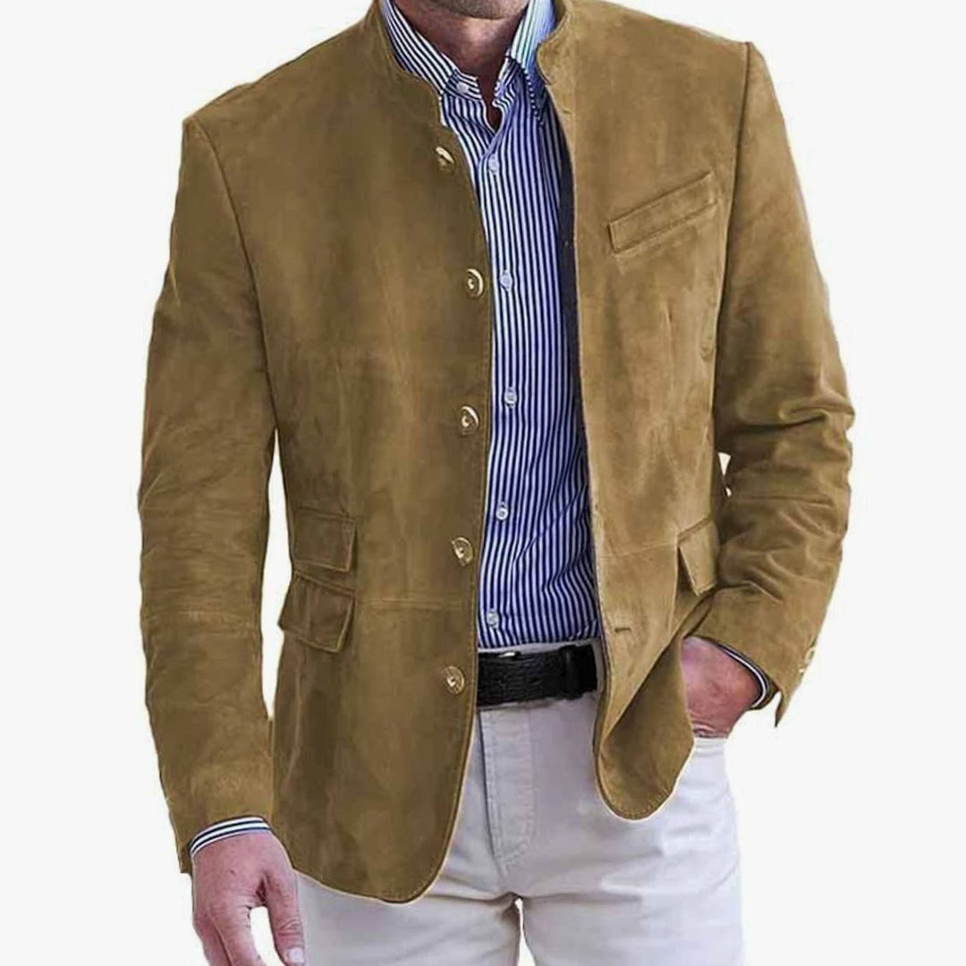 Men's Suede Stand-Collar Button-Front Blazer Jacket - Khaki