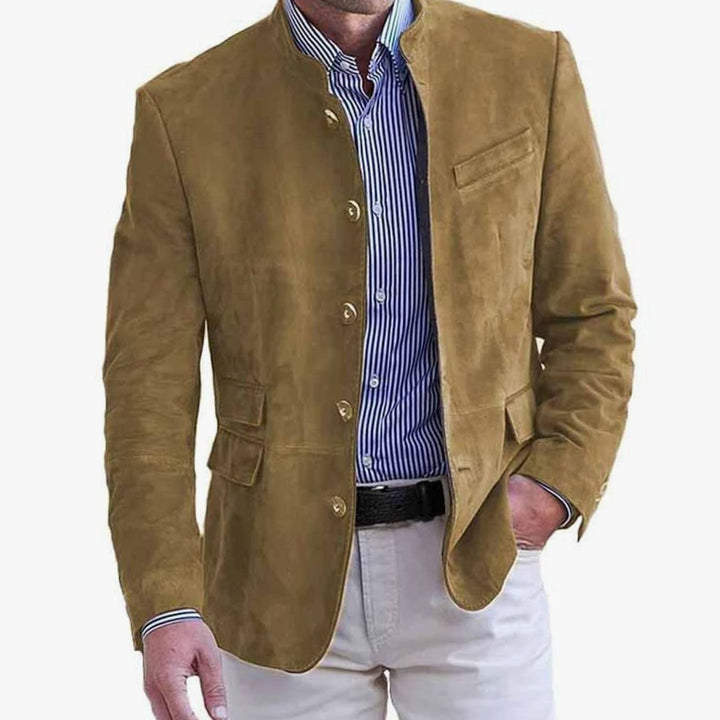Men's Suede Stand-Collar Button-Front Blazer Jacket - Khaki