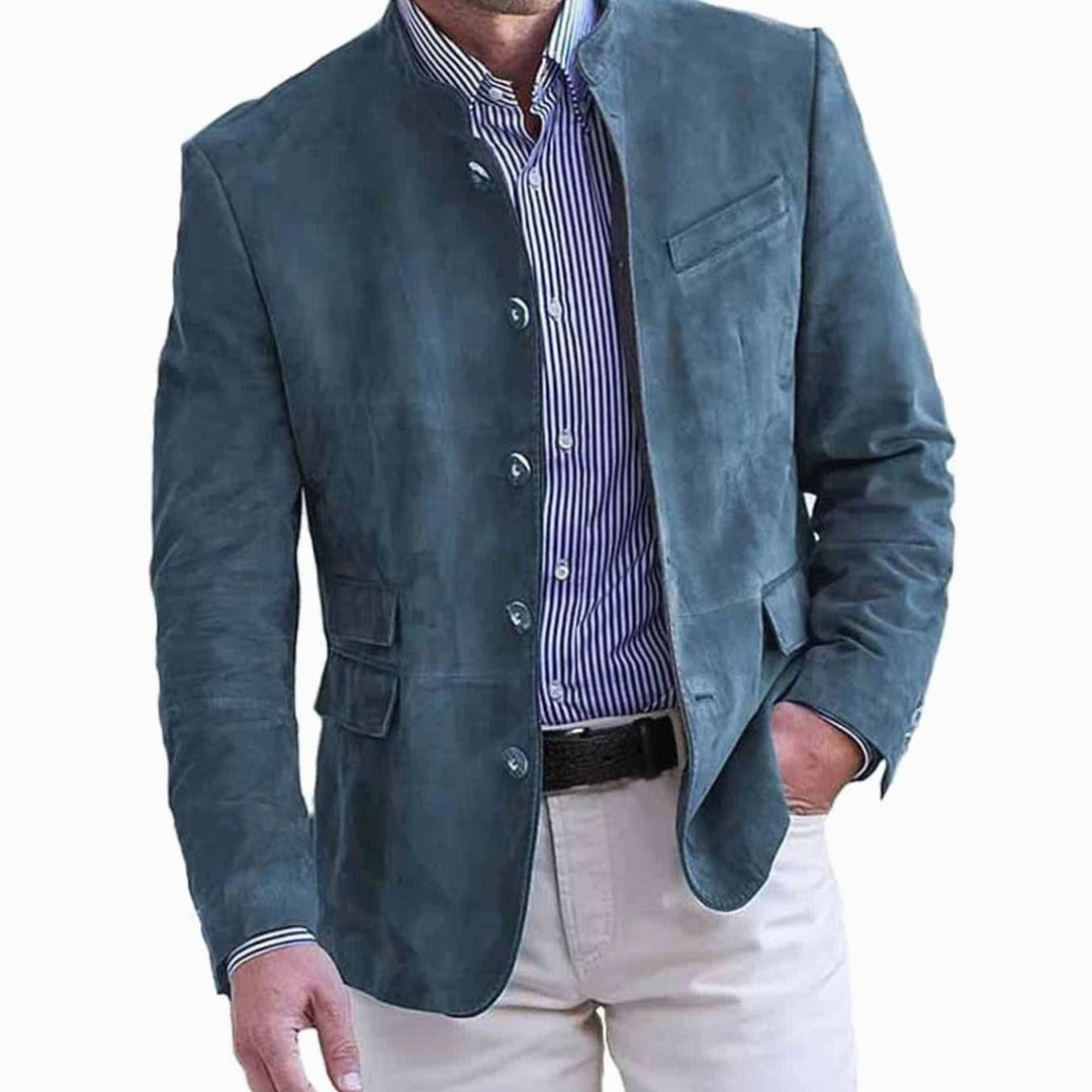 Men's Suede Stand-Collar Button-Front Blazer Jacket - Teal Blue