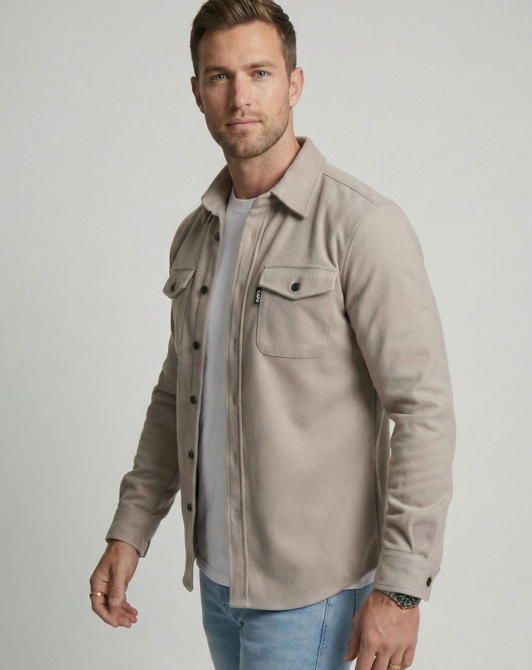 Men's Suede-Touch Button-Up Overshirt Jacket - Beige