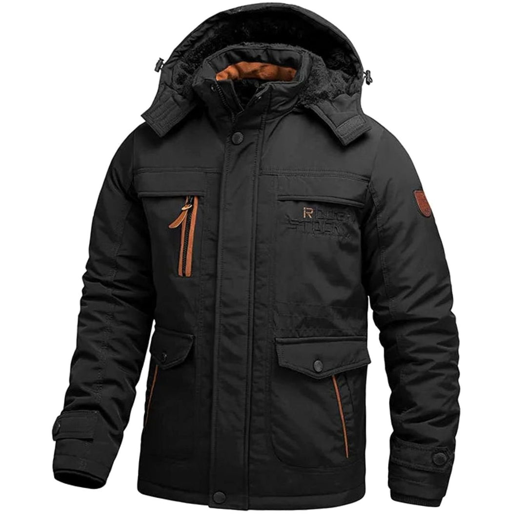 Men's Tactical Waterproof Winter Coat Fleece-Lined Detachable Hood - Black