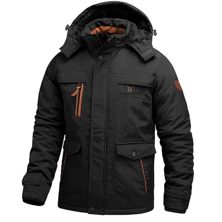 Men's Tactical Waterproof Winter Coat Fleece-Lined Detachable Hood - Black