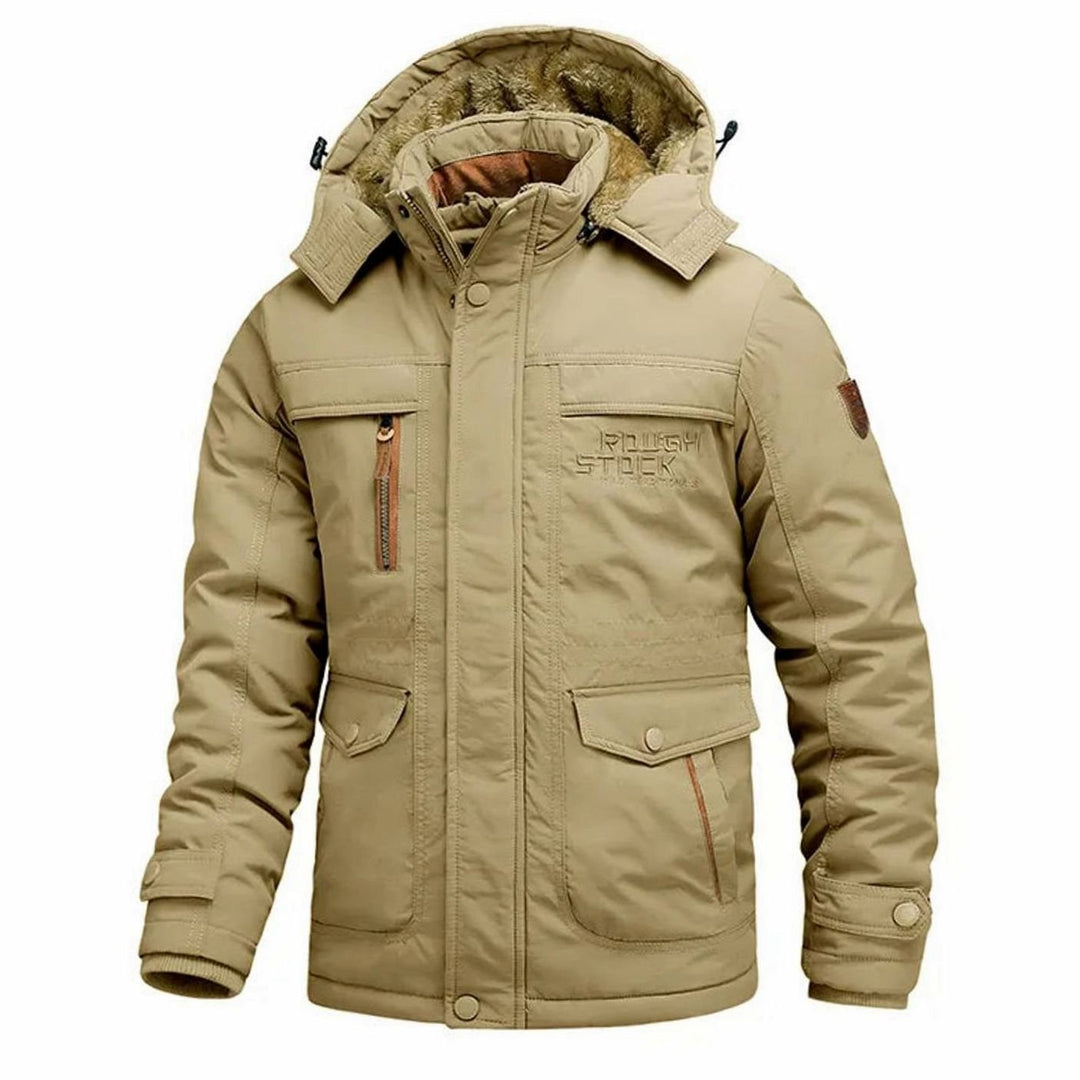 Men's Tactical Waterproof Winter Coat Fleece-Lined Detachable Hood - Khaki