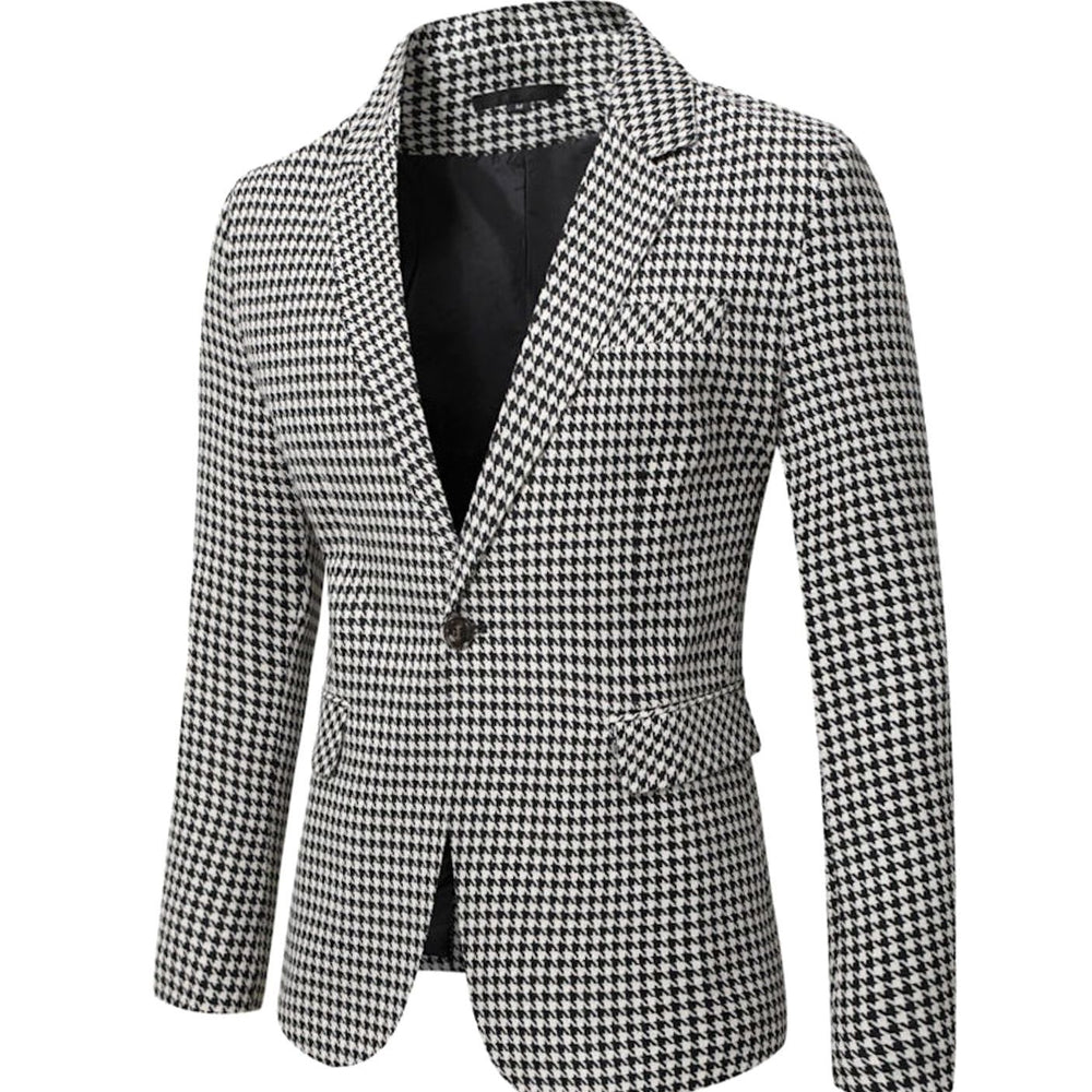 Men's Tailored Blazer Houndstooth Single-Button Notch Lapel Sport Coat
