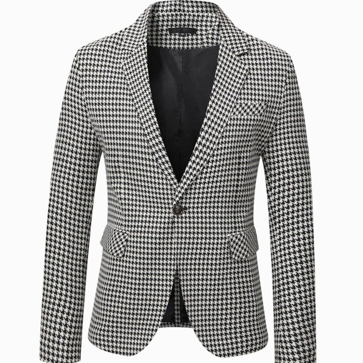 Men's Tailored Blazer Houndstooth Single-Button Notch Lapel Sport Coat - Black and White