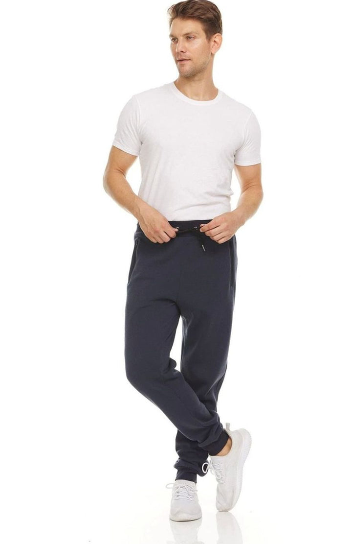 Men's Tapered Fleece Sweat Pants Zip-Pocket Joggers - Navy Blue