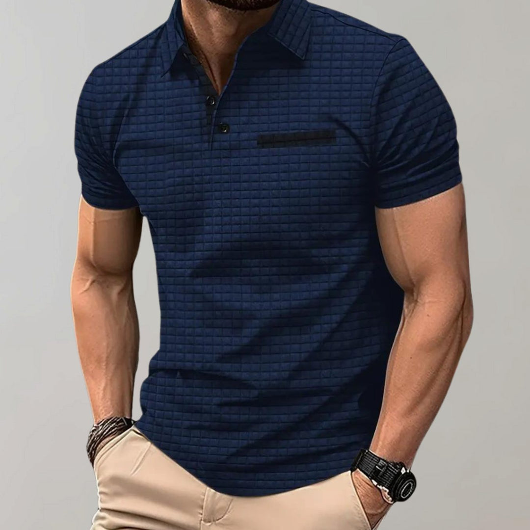 Men's Textured Short-Sleeve Polo Shirt Chest Pocket - Navy Blue