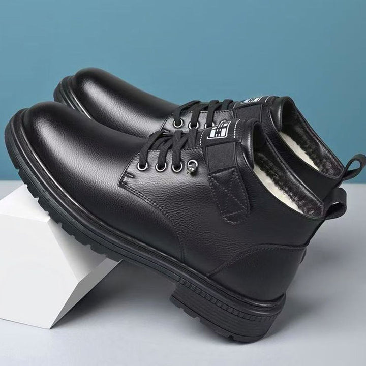 Men's Thermal-Lined Faux Leather Lace-Up Winter Ankle Boots, Brown - High Shaft, Black