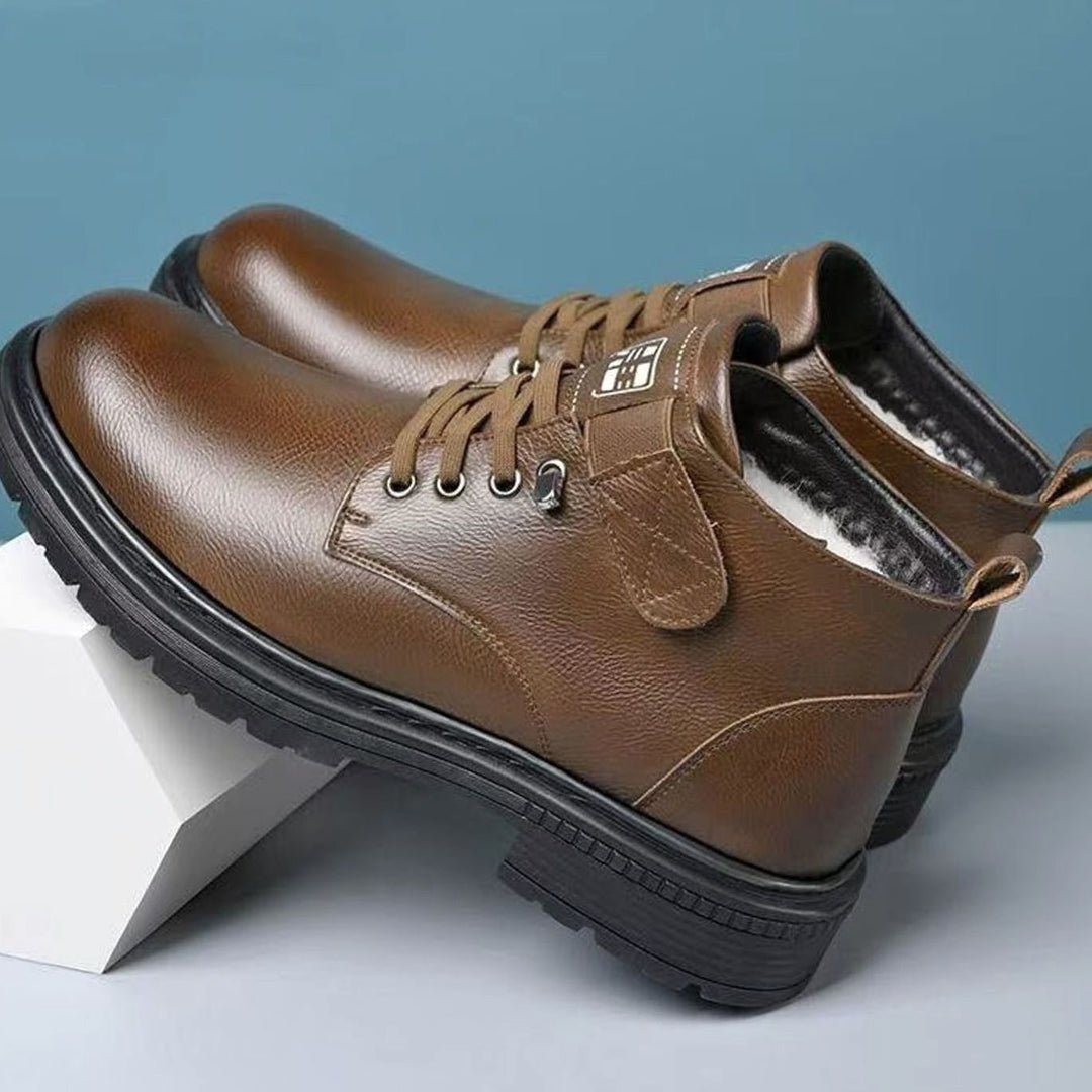 Men's Thermal-Lined Faux Leather Lace-Up Winter Ankle Boots, Brown - Brown, High Shaft, Lined