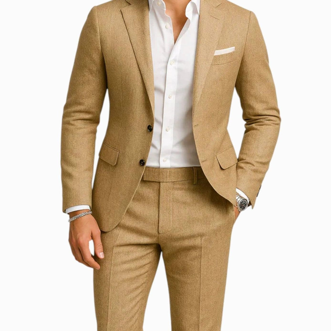 Men's Two-Piece Slim-Fit Linen Suit Classic Casual Elegance, Tan - Light Brown
