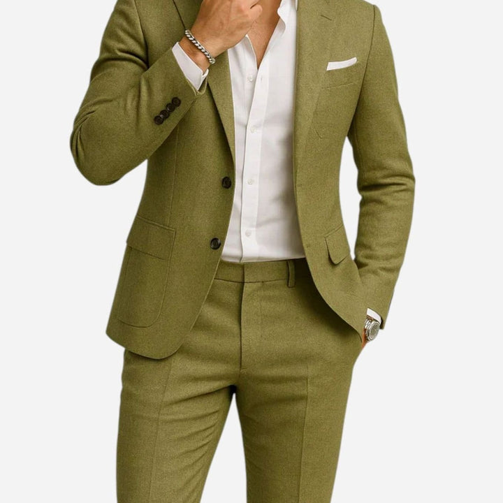 Men's Two-Piece Slim-Fit Linen Suit Classic Casual Elegance, Tan - Green