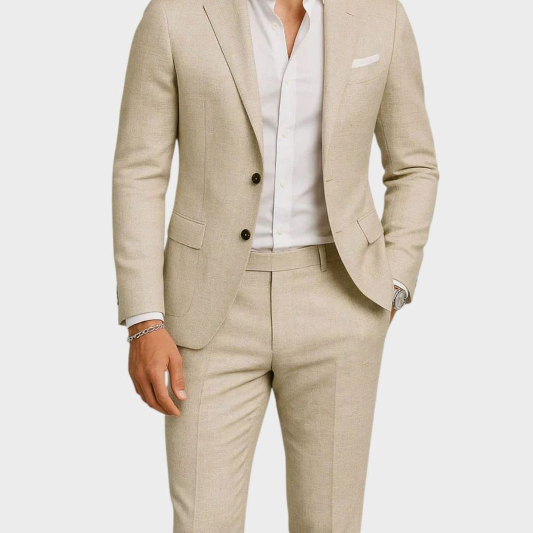 Men's Two-Piece Slim-Fit Linen Suit Classic Casual Elegance, Tan - Beige