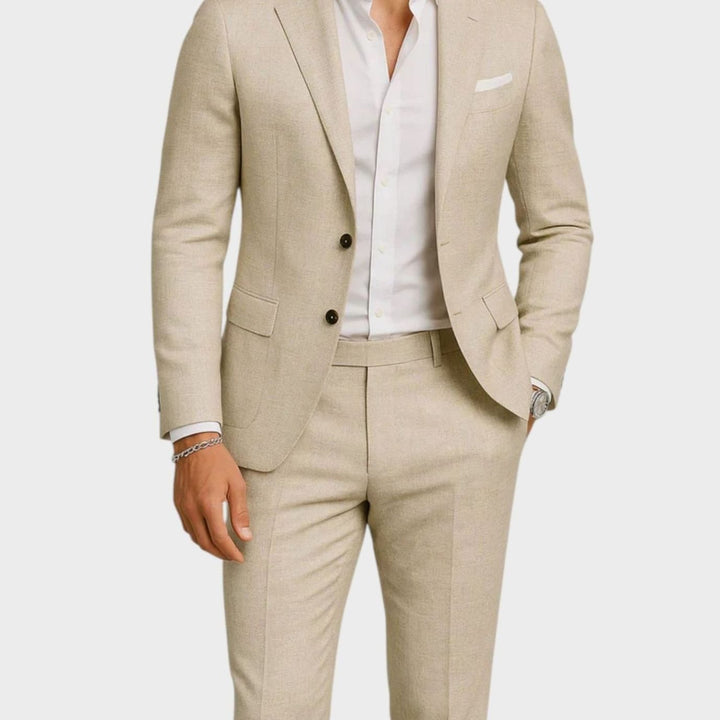 Men's Two-Piece Slim-Fit Linen Suit Classic Casual Elegance, Tan - Beige