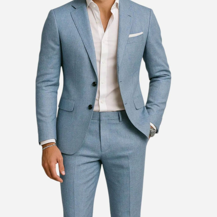 Men's Two-Piece Slim-Fit Linen Suit Classic Casual Elegance, Tan - Aqua Blue