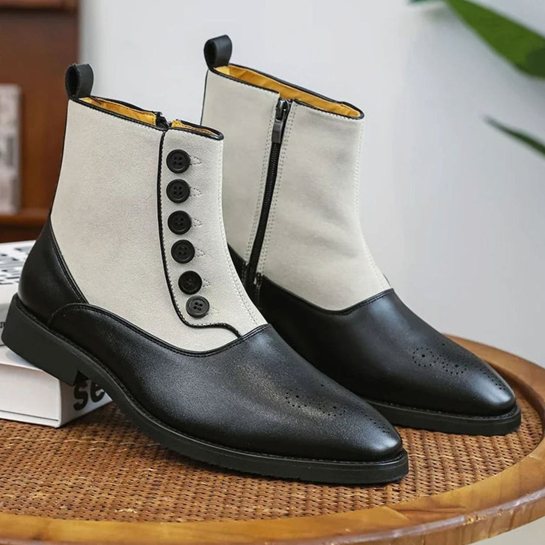 Men's Two-Tone Button-Detail Side-Zip Ankle Boots - White Black