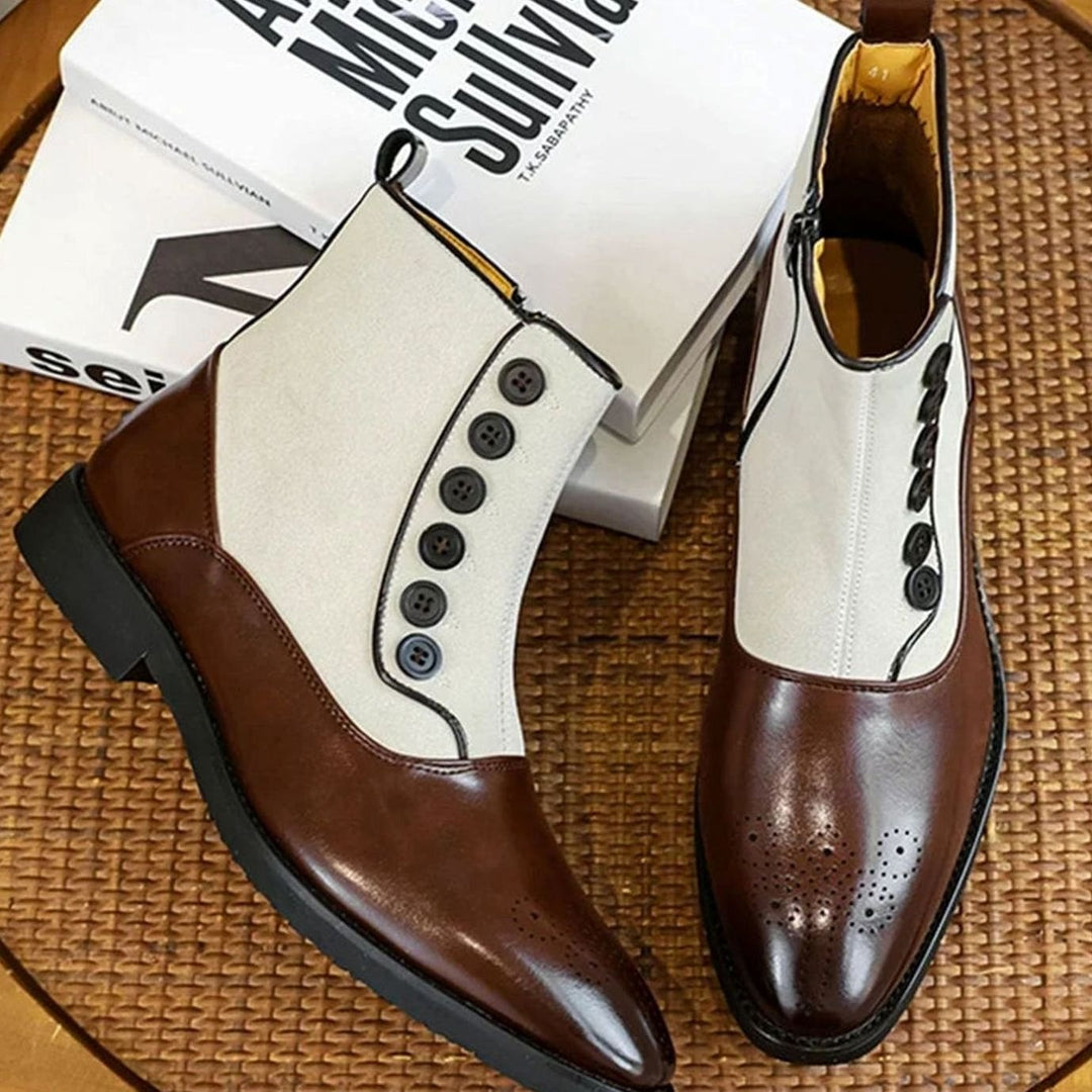 Men's Two-Tone Button-Detail Side-Zip Ankle Boots - White Brown
