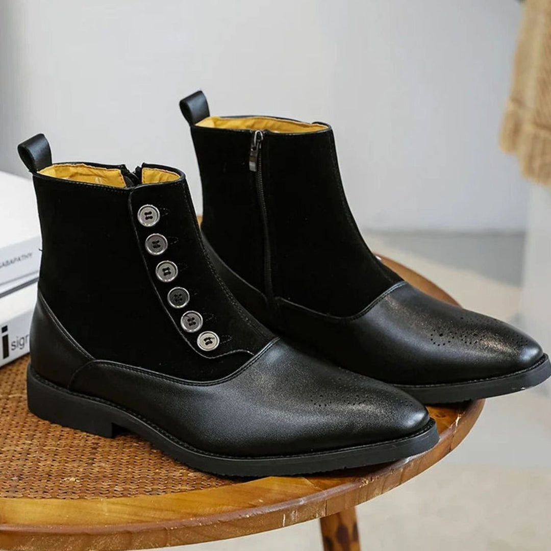 Men's Two-Tone Button-Detail Side-Zip Ankle Boots - Black