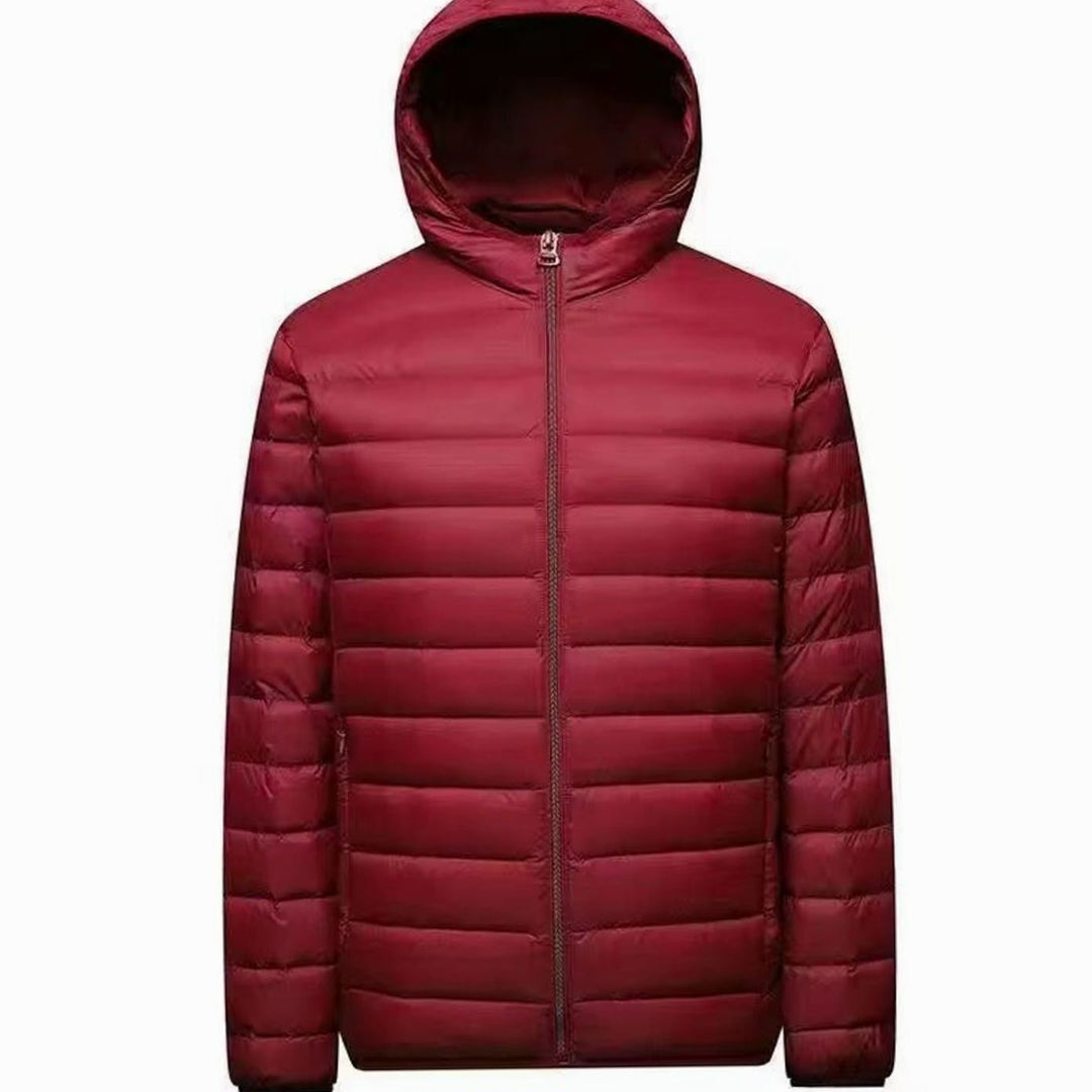 Men's Ultralight Micro Quilted Puffer Jacket Stand-Up Collar - Wine Red with Hood