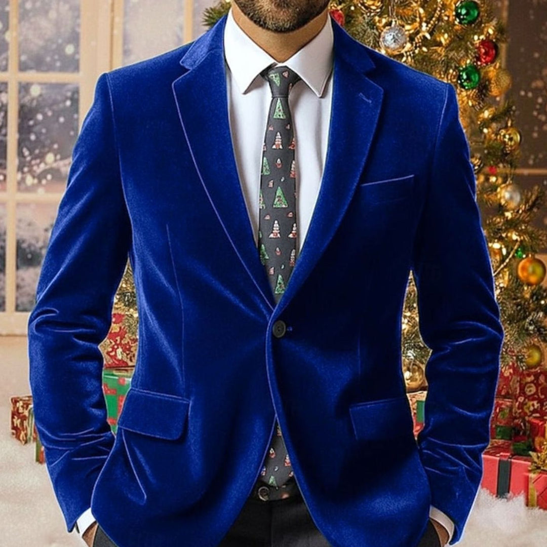 Men's Velvet Single-Button Notch-Lapel Blazer Jacket - Blue