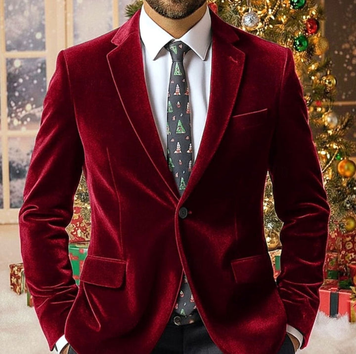Men's Velvet Single-Button Notch-Lapel Blazer Jacket - Red
