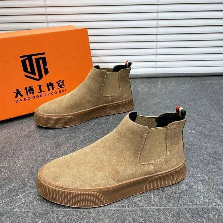 Men's Velvet Slip-On Chelsea Boots Low Heel - Khaki