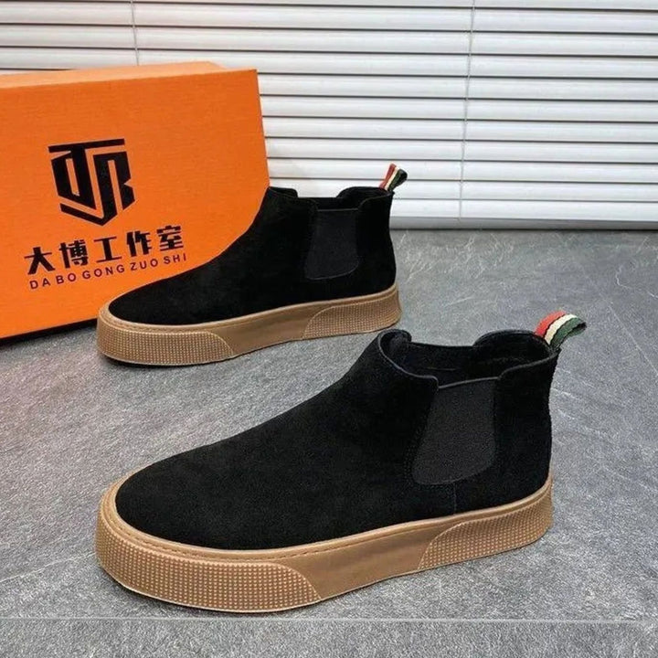 Men's Velvet Slip-On Chelsea Boots Low Heel - Black