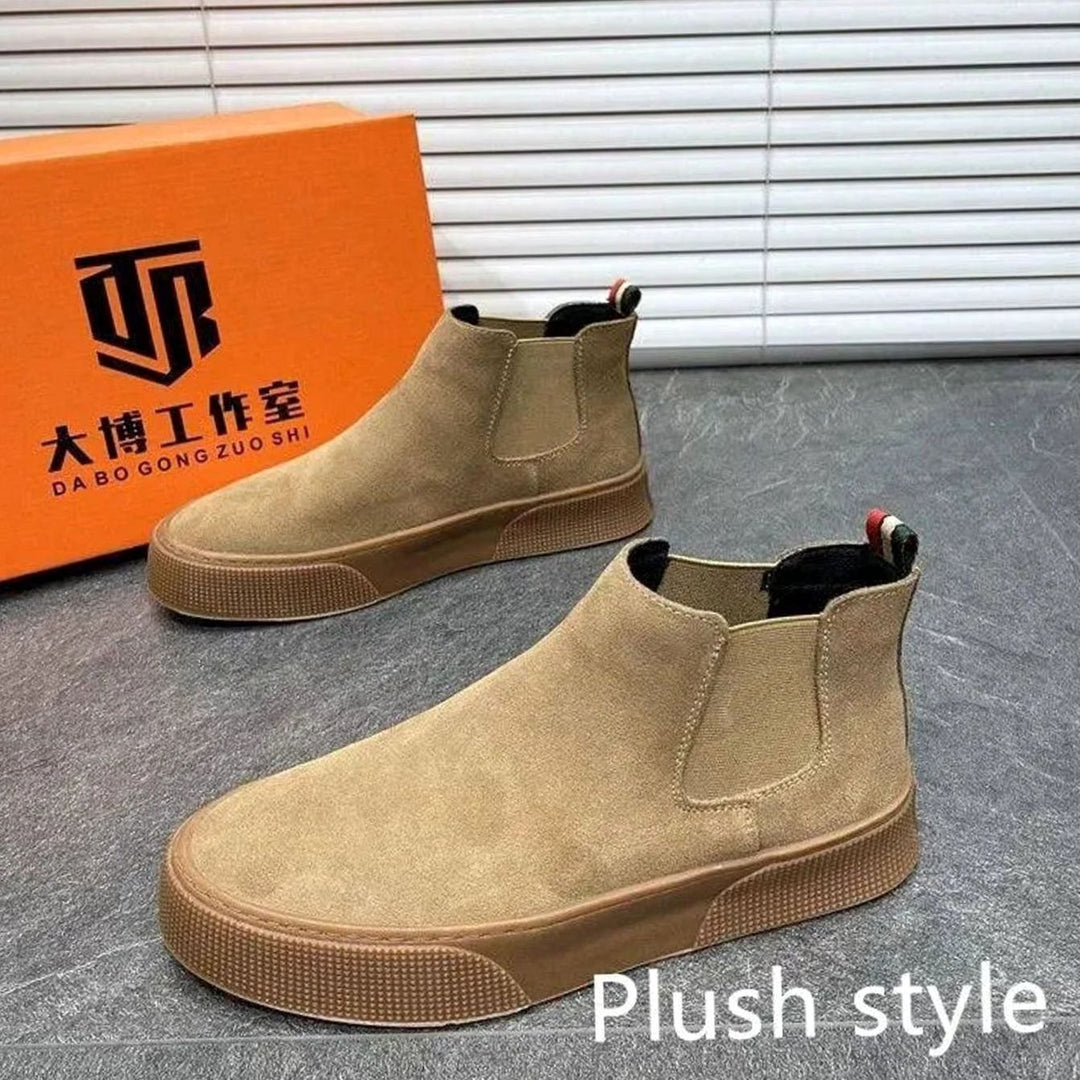 Men's Velvet Slip-On Chelsea Boots Low Heel - Brushed Khaki