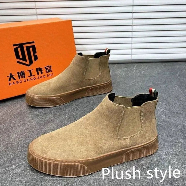Men's Velvet Slip-On Chelsea Boots Low Heel - Brushed Khaki