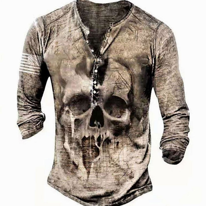 Men's Vintage Skull Graphic Henley Long Sleeve Shirt