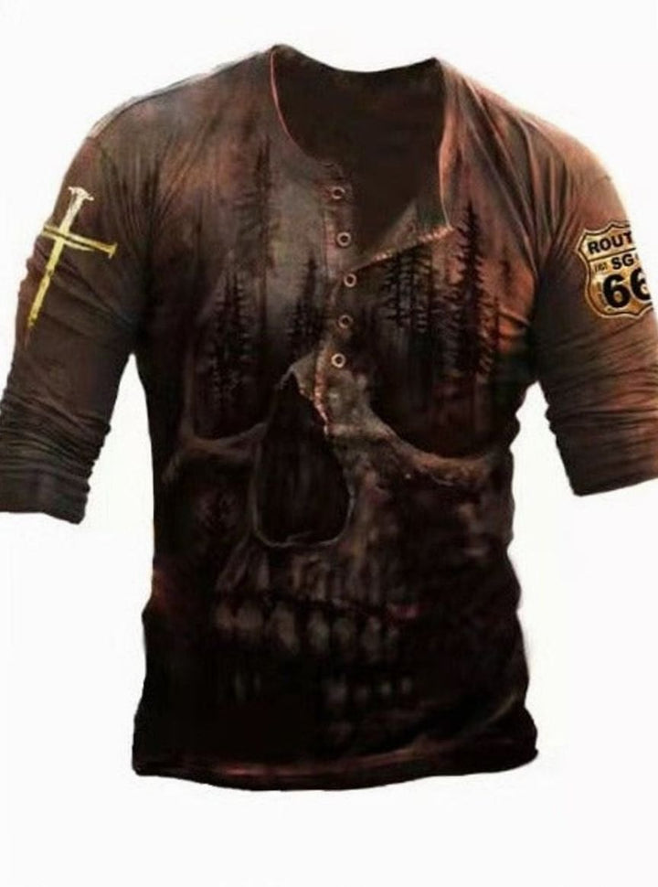 Men's Vintage Skull Graphic Henley Long Sleeve Shirt