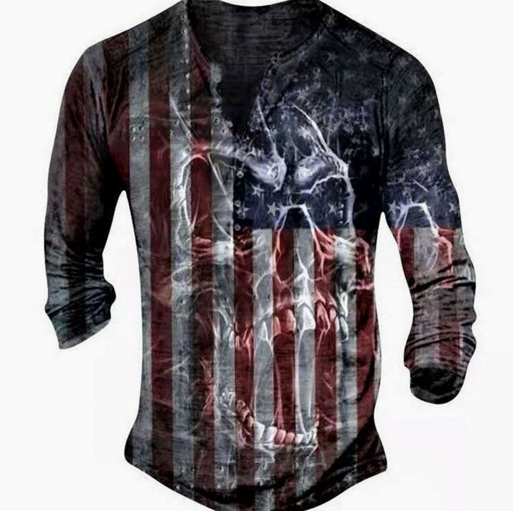 Men's Vintage Skull Graphic Henley Long Sleeve Shirt
