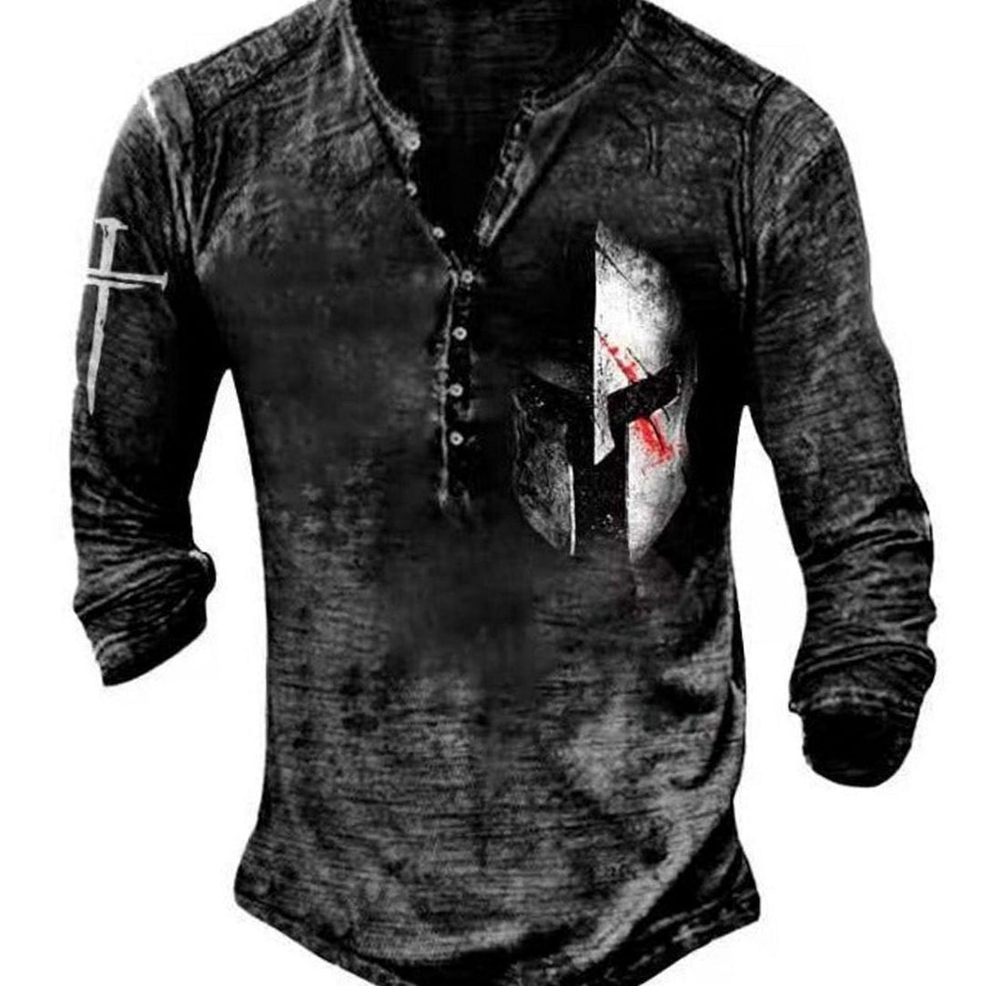 Men's Vintage Skull Graphic Henley Long Sleeve Shirt