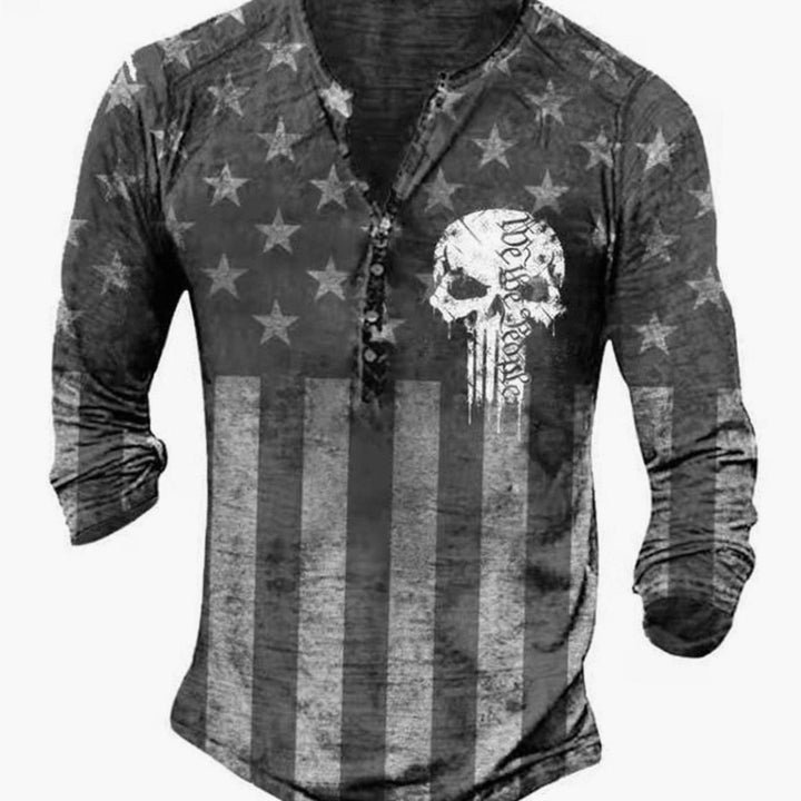 Men's Vintage Skull Graphic Henley Long Sleeve Shirt