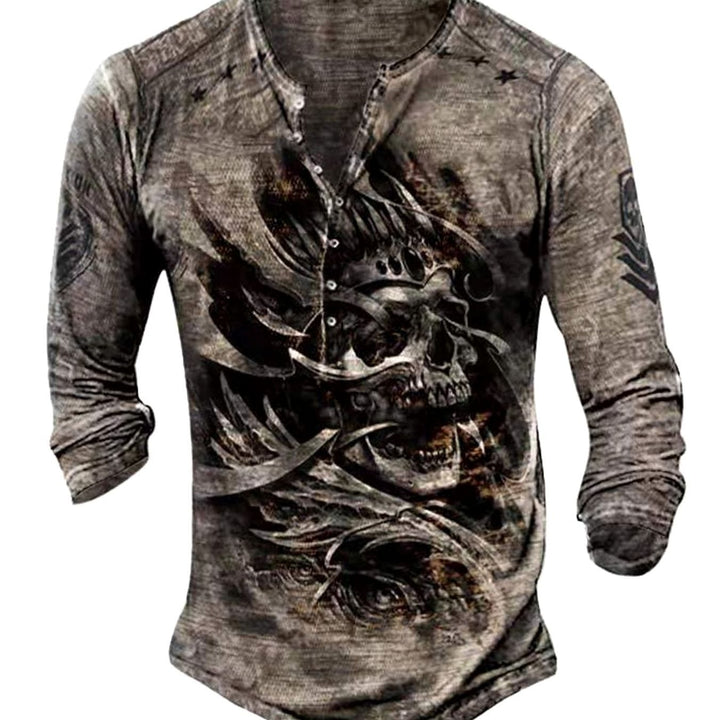 Men's Vintage Skull Graphic Henley Long Sleeve Shirt