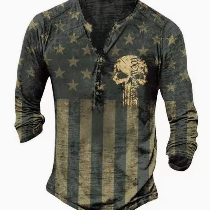 Men's Vintage Skull Graphic Henley Long Sleeve Shirt