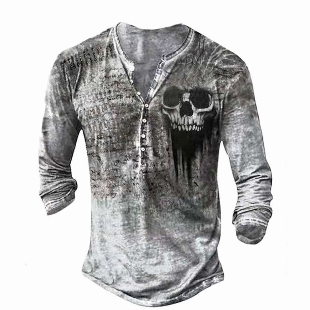 Men's Vintage Skull Graphic Henley Long Sleeve Shirt