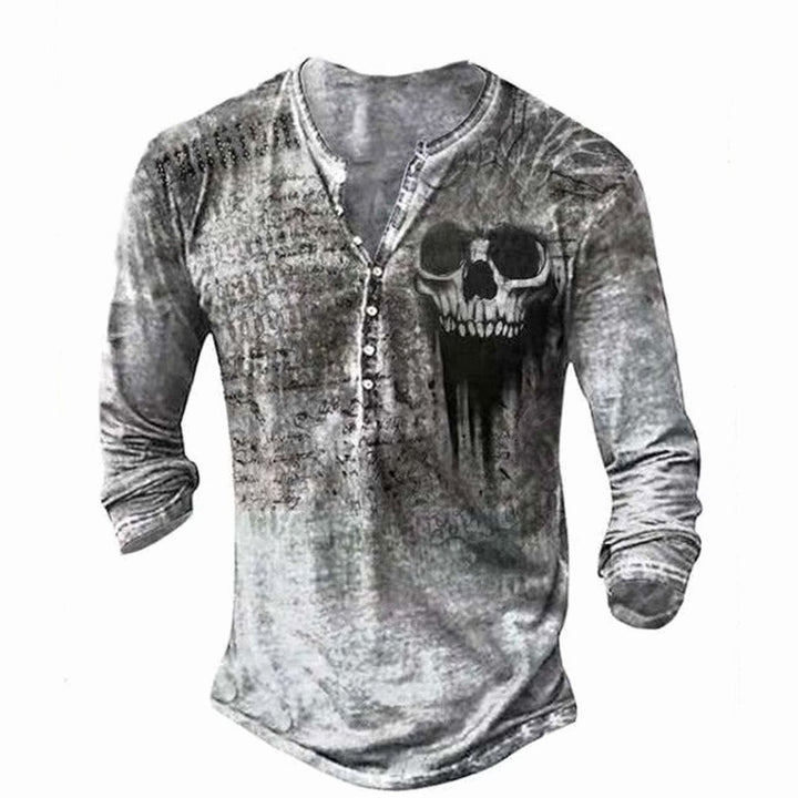 Men's Vintage Skull Graphic Henley Long Sleeve Shirt